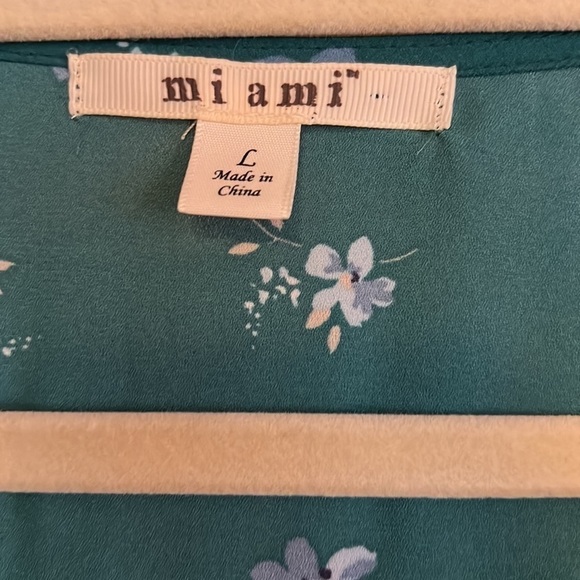 MIAMI Turquoise/Blue/White Floral Gathered Waist Button Up Dress, Sz Large, GUC. - Picture 3 of 8